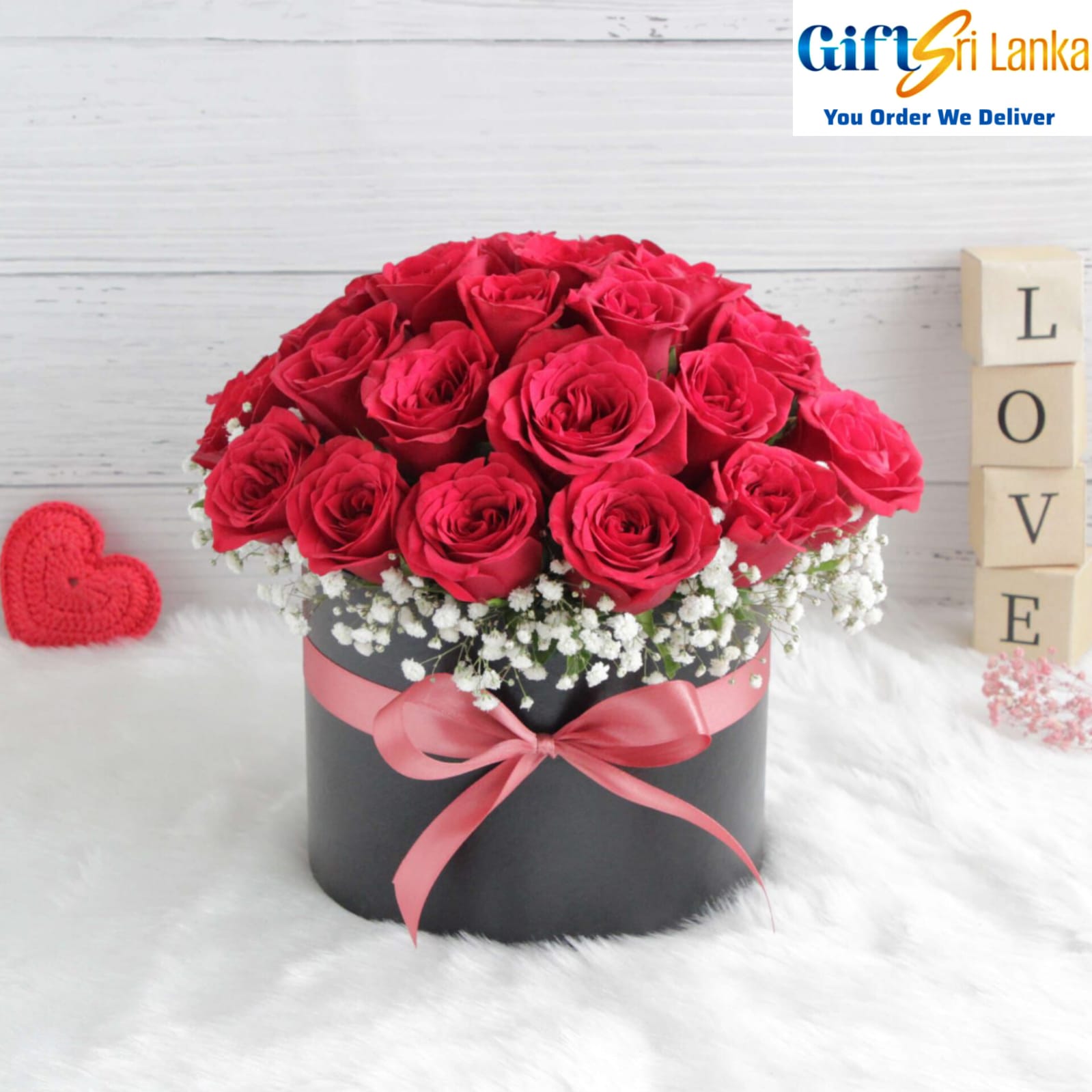 Red Roses Bucket with Baby's Breath - Red Roses - 25, Baby's Breath