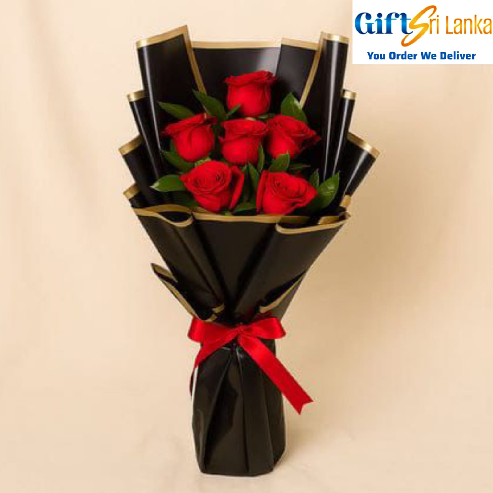 Classic Red Rose Bouquet in Black Wrap with Red Ribbon - Red Roses - 06