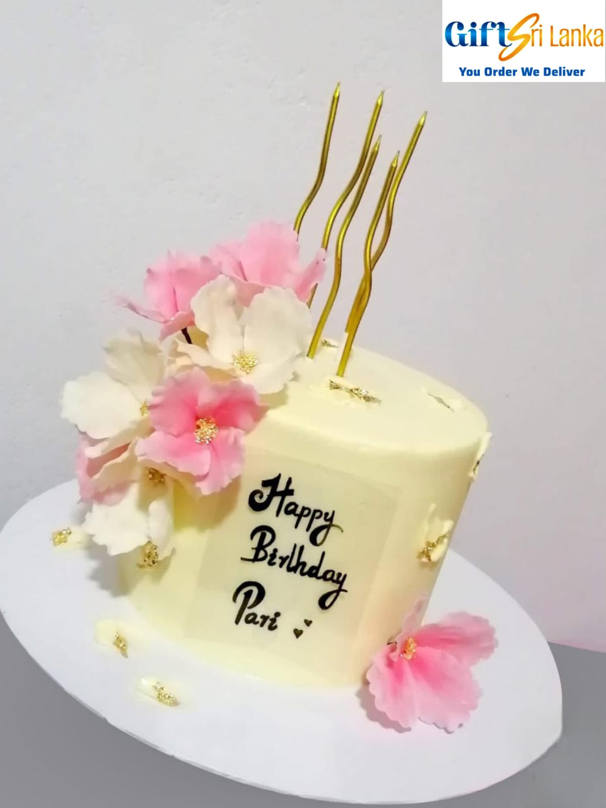 Elegant 1kg Ribbon Cake with Pink and White Sugar Flowers and Butter Icing