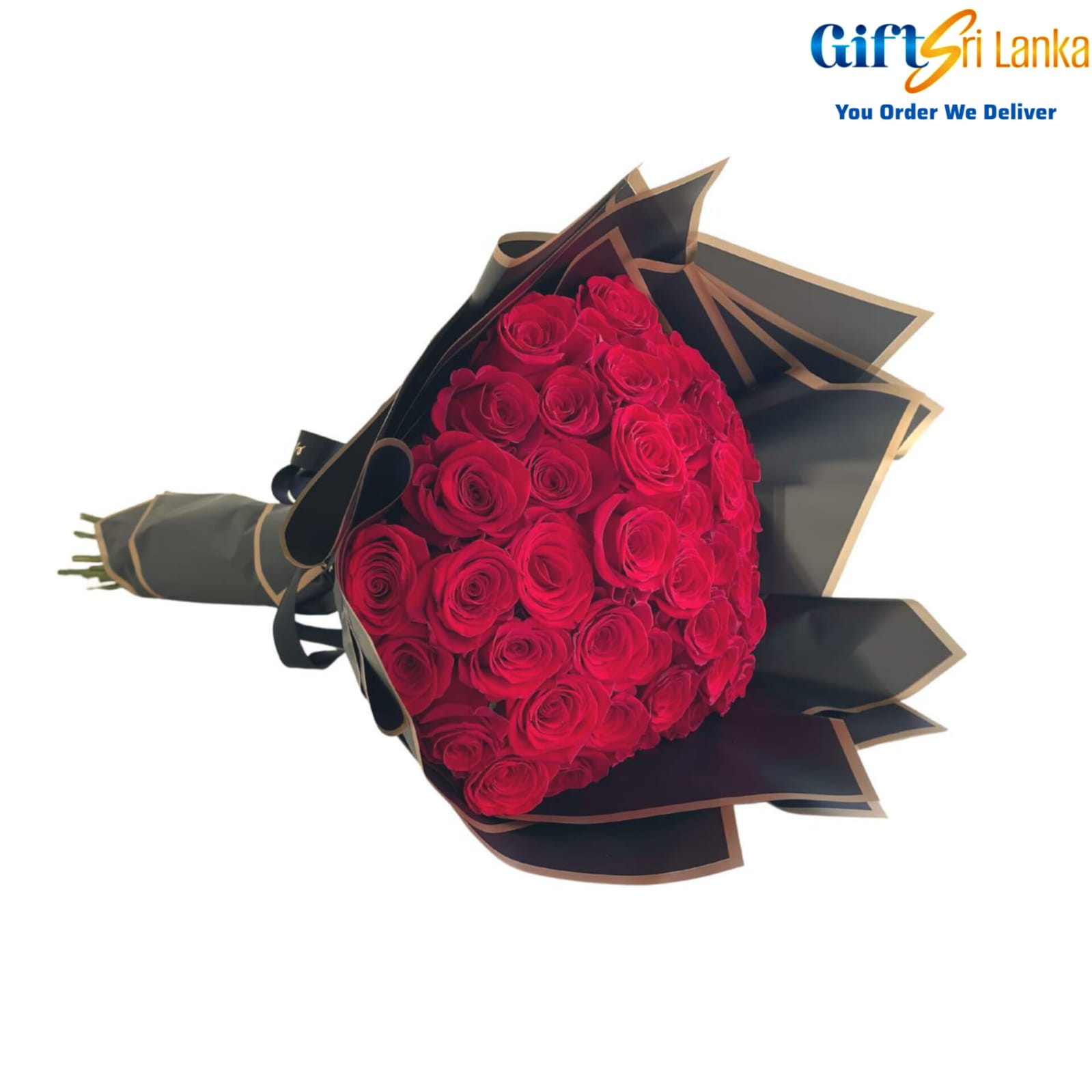 Striking Red Rose Bouquet in Black & Gold Wrap - Red Roses - 50