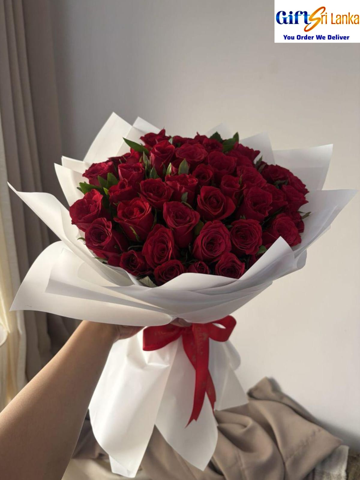 Luxury 50 Red Roses Bouquet with White Wrap & Red Ribbon