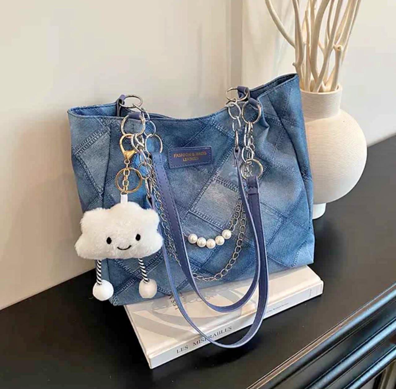 Denim Plush Tote Bag | Fluffy Casual Women's Shoulder Bag