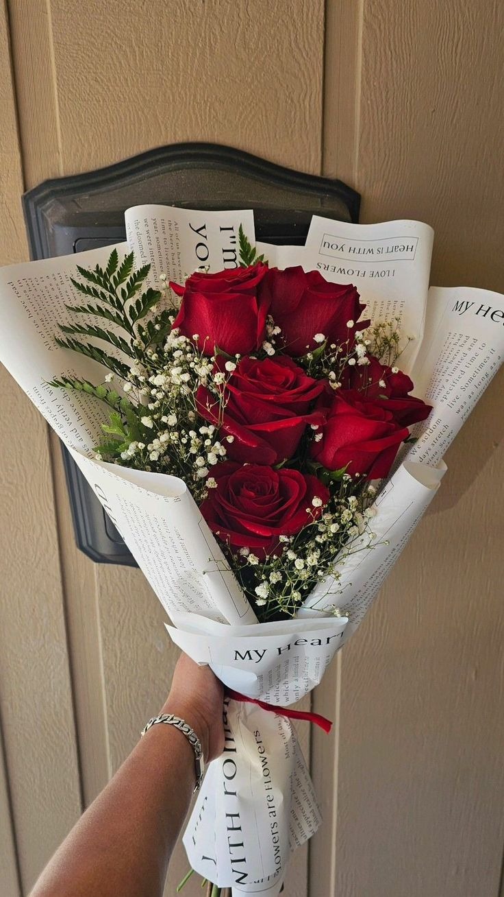 Red Rose Bouquet with Baby’s Breath | Elegant Newspaper Style Wrapping