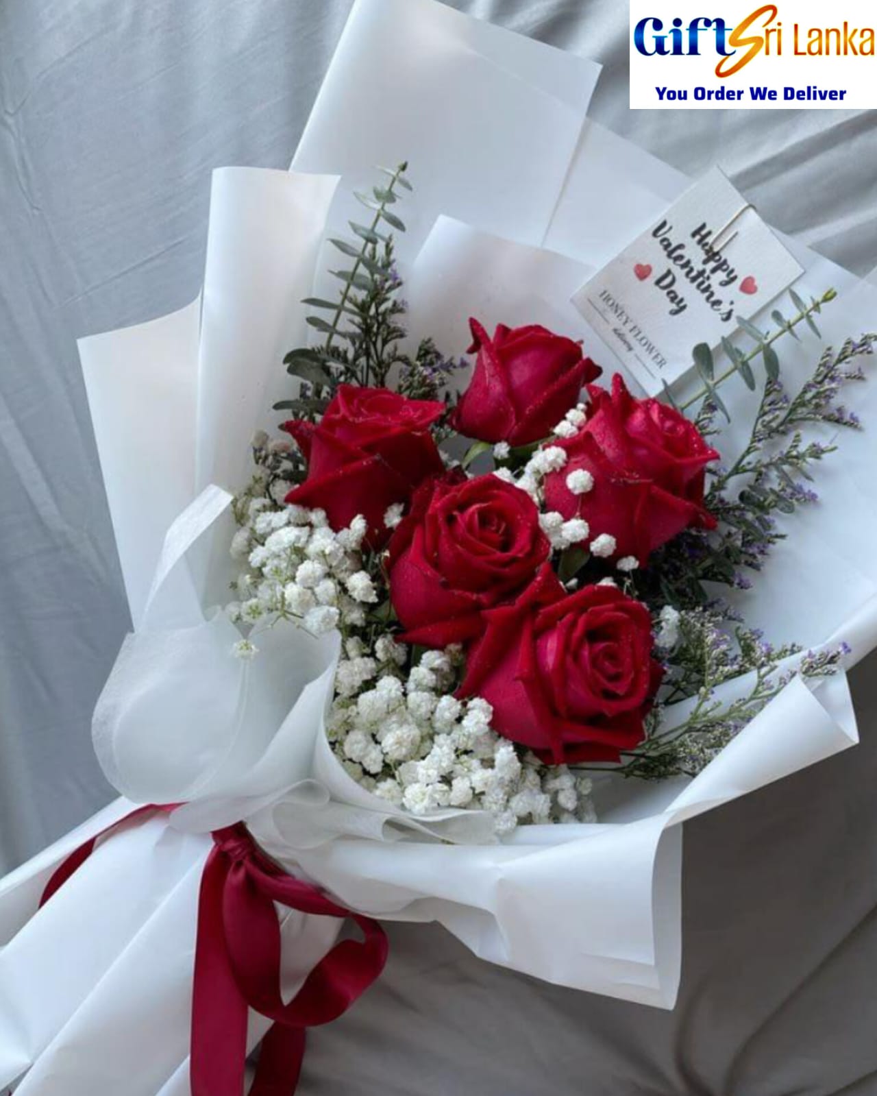Romantic Red Rose Bouquet with Baby’s Breath & Message Card