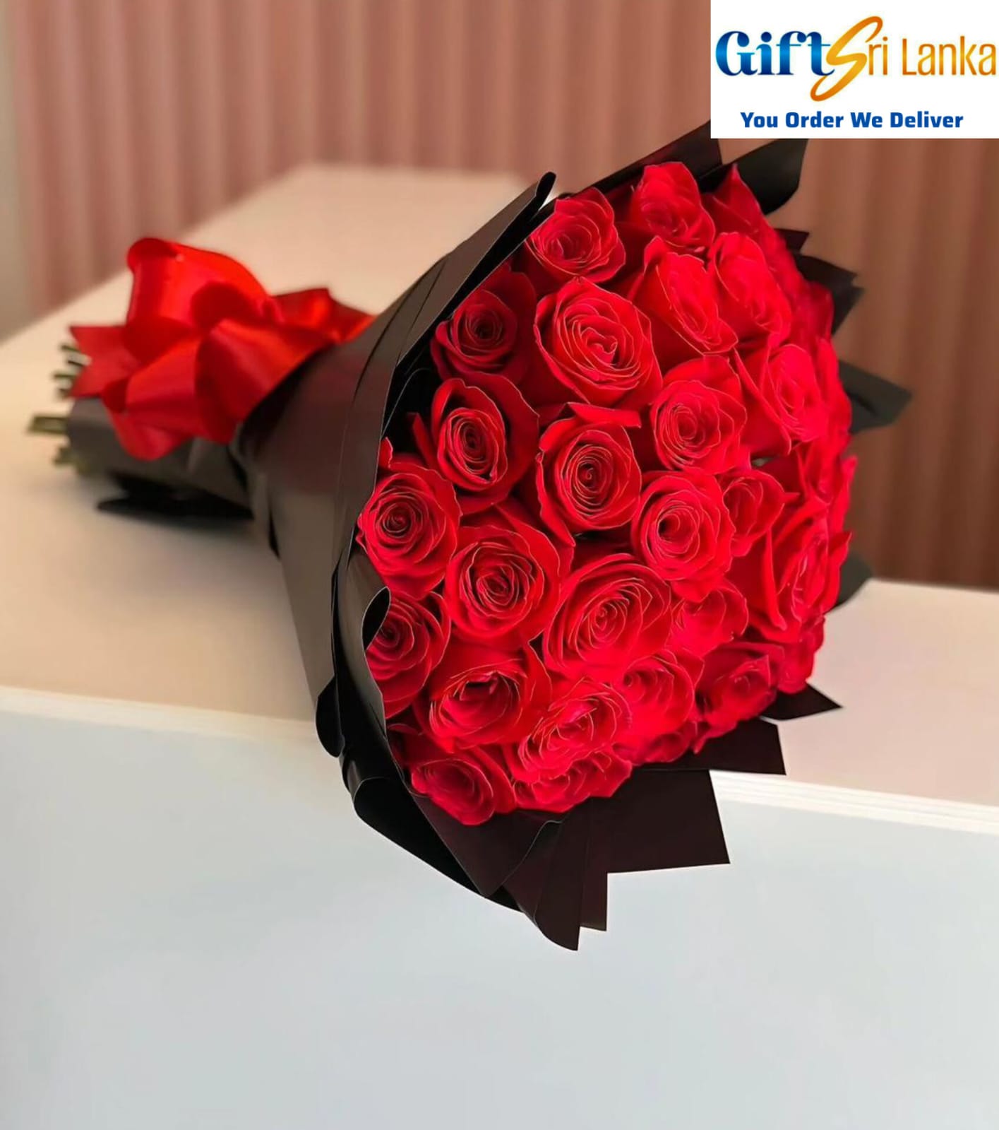 Luxury 30 Red Roses Bouquet in Black Wrap with Birthday Ribbon