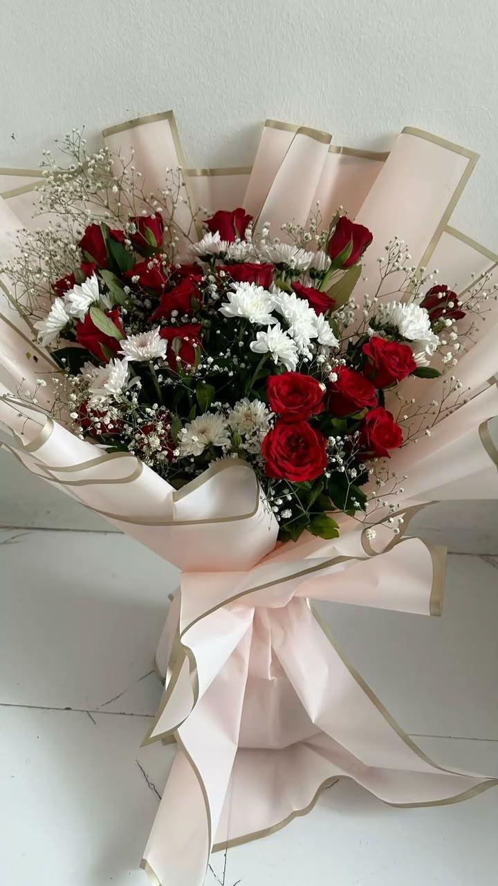 Red Rose Bouquet in Blush Wrap | Elegant Romantic Flower Bouquet