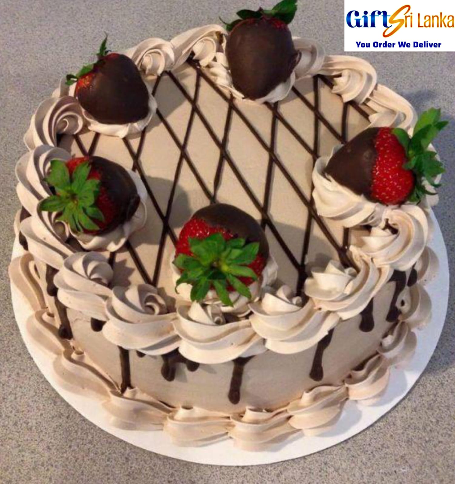 Decadent Mocha Cake with Chocolate-Dipped Strawberries & Rosettes – 1kg